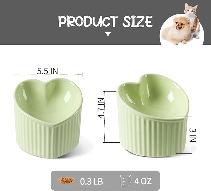 5.5 in Green Ceramic Raised Tilted Cat Food Bowl 1 Pack | Elevated, Love Heart Shape, Slanted, Pet Feeding Dish, Stress Free, Kitty, Small Cats, Protect Pet's Spine