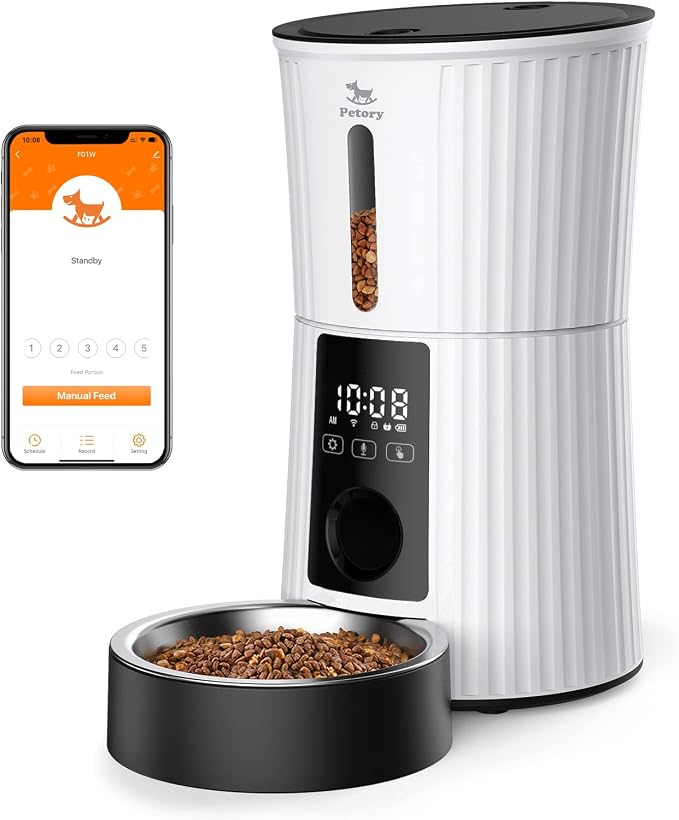 Petory Automatic Cat Feeder - 2.4G WiFi Pet Feeder for Cats and Small Dogs | 4L, Up to 10 Meals Daily, Programmable Portion Control, Dual Power Supply, 10-Second Voice Recorder