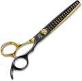 7'' Professional Chunker Dog Grooming Scissors with Decorative Screw Sharp and Durable Black and Golden 440C Stainless Steel Dog Texturizing Thinner Shears Easy Use for Groomers and Beginners.