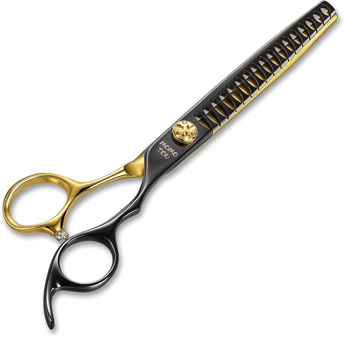 7.5'' Chunker Dog Grooming Scissors with Decorative Screw Sharp and Durable Black and Golden 440C Stainless Steel Dog Thinner Shears Easy Use for Groomers and Beginners.