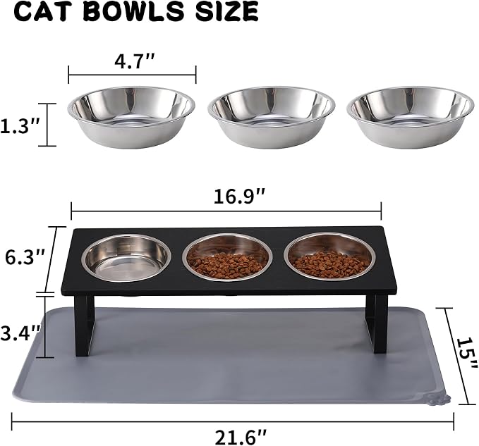 Summark Upgraded Elevated Cat Bowls with Food Mat,15°Tilted Stand Anti Vomiting Raised Cat Dishes for Food and Water,3 Stainless Steel Bowls for Cats and Puppy（Black）