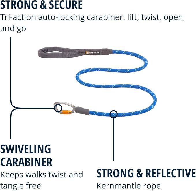Ruffwear, Knot‑a‑Leash, Climbing‑Inspired Rope Leash, 5 ft Reflective Rope, Secure Auto‑Locking Swivel Carabiner, Tubular Handle, Accessory Loop for Pick‑Up Bags, Blue Pool, Small