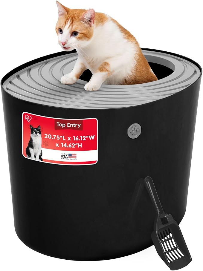 IRIS USA Large Top Entry Cat Litter Box, Hooded Privacy, Black/Gray | Dog-Free Zone, Mess Containment System, Protected Interior, Secure Lid Access, Reduced Tracking, Odor Trapping