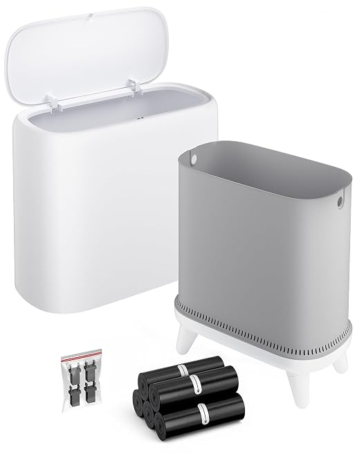 Small Bathroom Trash Can with Lid, Dog Proof Slim Press Top Garbage Can, White Plastic Narrow Waste Basket, for Bathroom Bedroom Office Raised Legs 4.8 Gal with 1 Roll 15 Trash Bags