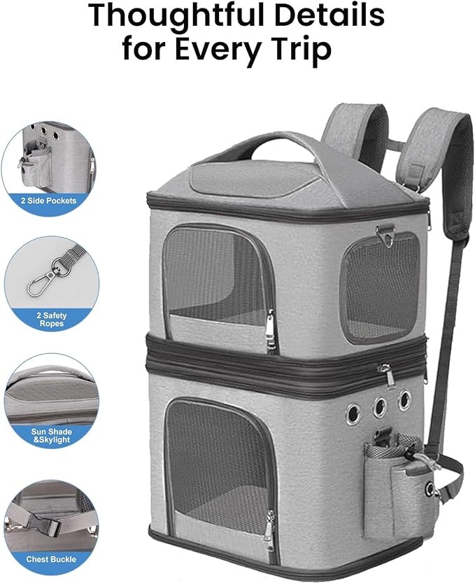 HOVONO Detachable Double Cat Backpack Carrier for 2 Pets | Pet Backpack Carrier for Small Cats & Dogs, Perfect for Traveling/Hiking /Camping/Vet Visits, up to 16 lbs Each, Grey