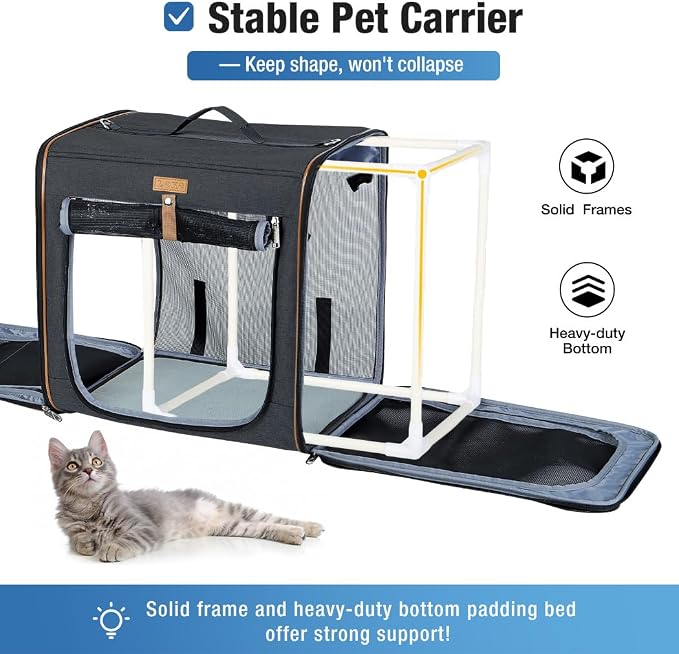 Lekereise Extra Large Cat Carrier for 2 Cats, 2-in-1 Cat Travel Carrier with Litter Box, (20.85" x2) x19.7"x19.7" Pet Carrier with Zipper Locks for Moving Across The Country (No Hammock) - Black
