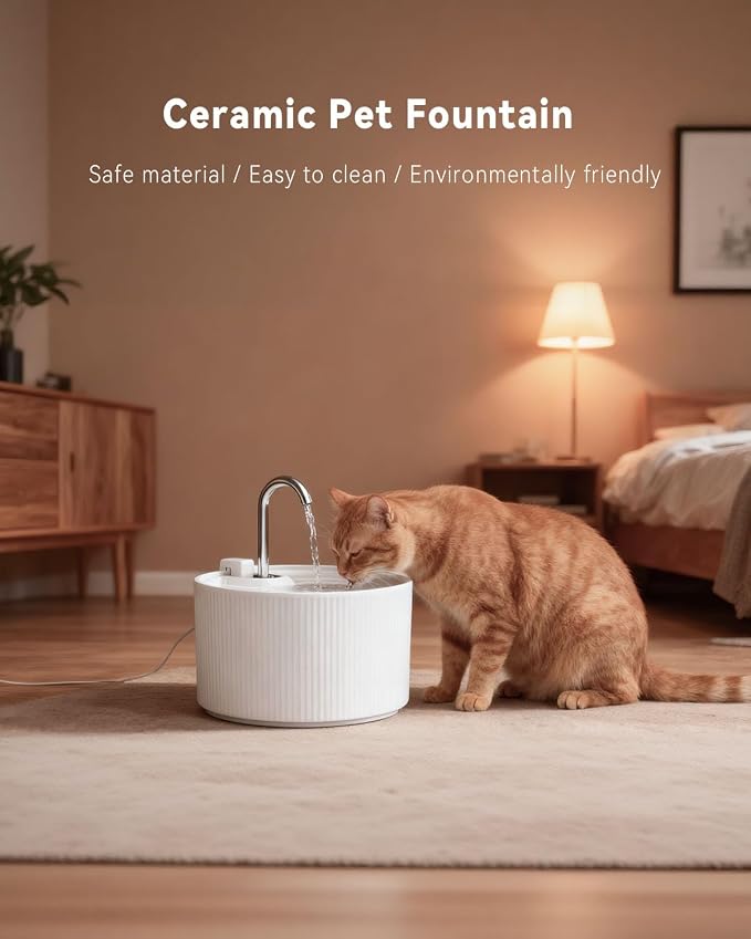 Ceramic Cat Water Fountain, 2.2L/74oz Cat Fountains for Drinking Indoor, Pet Water Fountain with Ultra-Quiet Pump (Fountain+5 Filters & 5 Sponges)