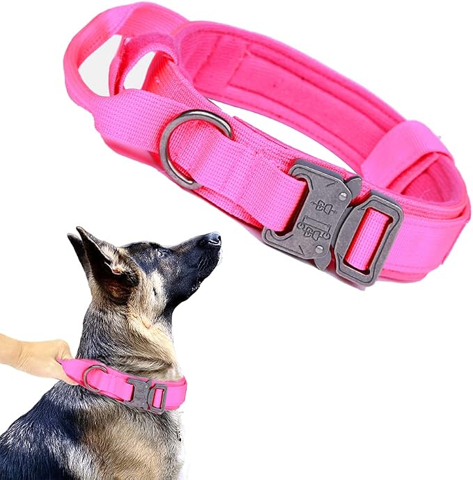 Tactical Dog Collar for Large Dogs with Control Handle,Pink,XXL | 1000D Heavy-Duty Nylon Fabric,Quick-Release Metal Buckle,Adjustable Fit,Soft-Padded Webbing,D-Ring,for Training & Hiking