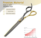 7.5'' Thinning Dog Grooming Scissors with Decorative Screw Sharp and Durable Black and Gold 440C Stainless Steel Dog Thinner Shears Easy Use for Groomers and Beginners.