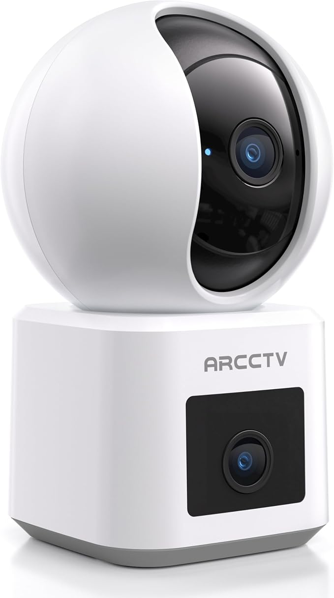 ARCCTV Dual Lens Indoor Security Camera, 2.5K HD Pet Camera via Phone App | 360° Dog Camera for Home Security, 2.4G/5G Dual Band WiFi, Motion Tracking, 24/7 Recording, 2-Way Audio, Baby Monitor