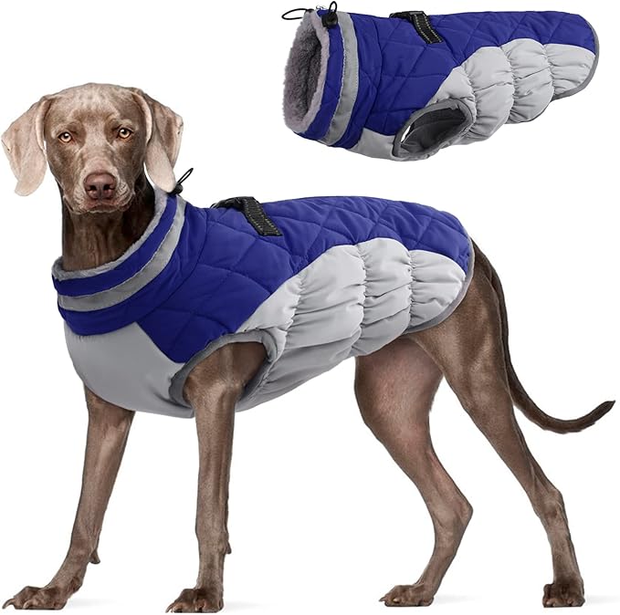 FUAMEY Dog Coat for Large Dogs, Fleece Dog Winter Jacket with Harness | Puppy Cold Weather Coats Reflective Pet Puffer Vest with Zipper Water-Resistant Warm Dogs Snowsuit Windproof Blue XXL