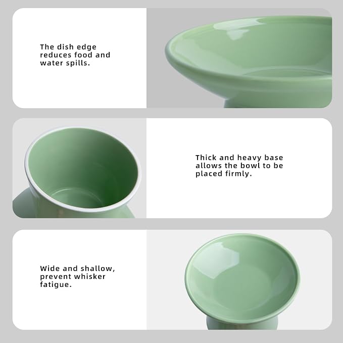 Ceramic Elevated Cat Bowls - 6.2 Inch Extra Wide Raised Cat Food and Water Bowl Set for Indoor Cats, Whisker-Friendly Ceramic Cat Dish for Elder Big Cats & Small Dogs,Green,2 Pack