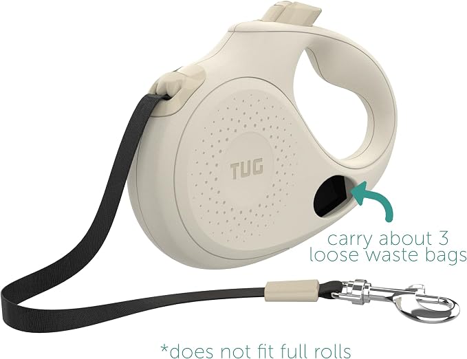 TUG Oval 360° Tangle-Free Retractable Dog Leash with Integrated Waste Bag Dispenser (Small, Cream)