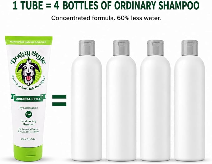 Doggy Style 2-in-1 Dog Shampoo & Conditioner, 60% Less Water, 4X More Product per Bottle, Tear-Free, Concentrated Paste Formula, Plant-Based, Hypoallergenic, Sulfate-Free, for All Breeds and Dogs
