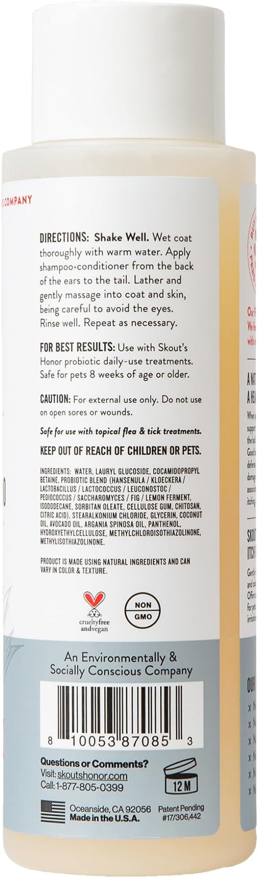 SKOUT'S HONOR Probiotic Itch Relief Shampoo for Dogs, 16 oz | Non-Medicated Microbiome-Friendly Formula with Avocado Oil and Omega-3s, Paraben & Sulfate-Free, Unscented