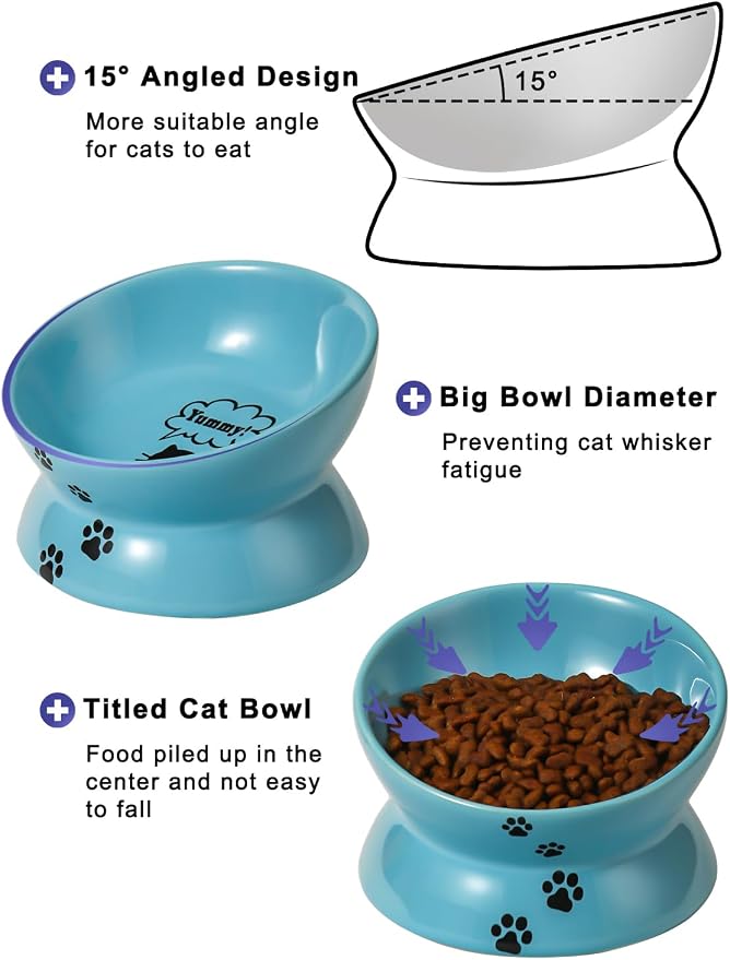 Y YHY Elevated Cat Food Bowl, Ceramic Raised Bowl, Tilt Angle Protects Cat's Spine, Anti Vomiting Dish, Backflow Prevention, Lake Blue