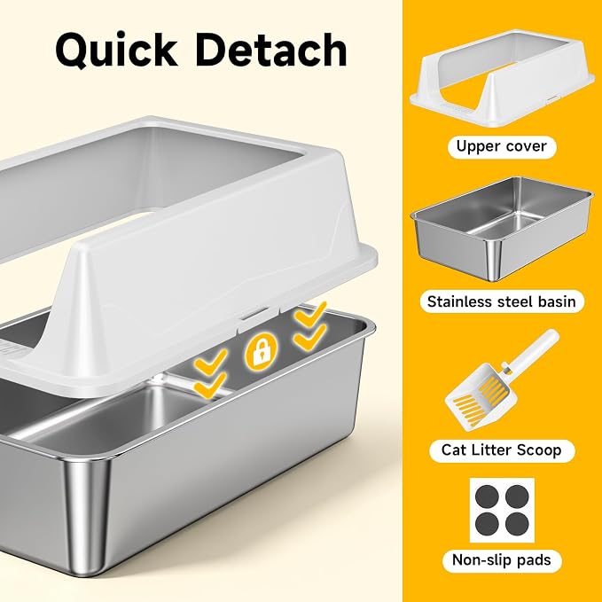 XL Stainless Steel Litter Box with High Sides for Large Cats | Extra Large Tall Wall Open Top Deep Metal Pan, Anti-Leak Non-Stick Odor Control