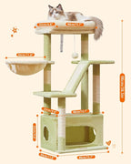 Taoqimiao Cat Tree, 38.5In Cat Tower for Indoor Cats, Suitable for Kittens | Thick Padded Top Perch, Luxurious Cat Condo, Adjustable Basket, 1-Piece Ramp Scratcher, 3 Sisal Posts, Green & Beige MS029SGB