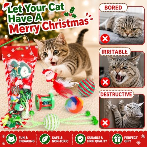 Christmas Stocking Cat Toys, 15PCS Christmas Cat Toy Set with Mouse, Squeaky Toys, Balls, Cat Teaser, Indoor Interactive Cat Toy Gift - Green - Image 3