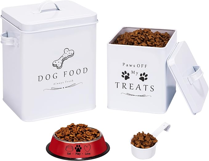 Meraki Home Small Dog Food Container and Dog Treats Container - Tight Lids - Feed Scoop and Pet Food Bowl - Farmhouse Metal Storage Bin - Glossy White