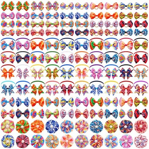 120PCS Tie Dye Dog Bows Pack Include 60PCS Dogs Collar Flowers and Bowties Attachments 20PCS Bowties with Adjustable Collar 40PCS Hair Bows for Girl Female Boy Male Dogs Grooming Accessories by JpGdn