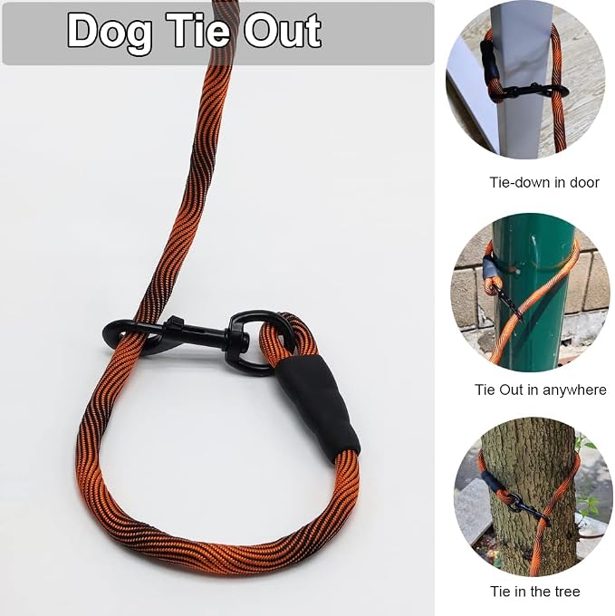 BTINESFUL Tie-Out Check Cord Long Rope Dog Leash, 8ft 12ft 20ft 30ft 50ft 75ft Recall Training Dog Lead, Large Medium Dogs Tether for Outdoor Playing, Camping, or Backyard (50ft, Orange Black)