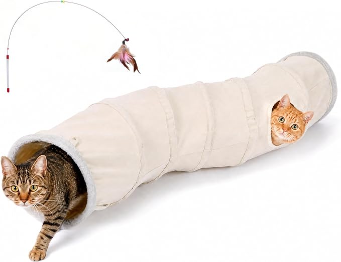 Ownpets S-Shape Cat Tunnel Toy 48"L x 10"D, for Cats, Puppies & Small Pets | Collapsible for storage, tear-resistant oxford fabric, connects to other tunnel, with peek hole, feather wand, indoor/outdoor
