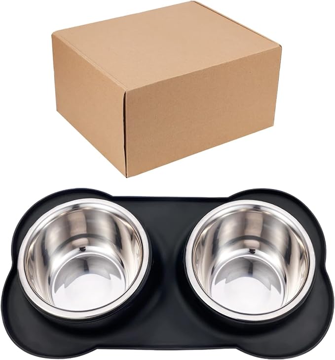 AsFrost Dog Food Bowls Stainless Steel Dog Bowls, Dog Food and Water Bowl Set with No Spill Non-Skid Silicone Mat, Dog Dishes for Small Medium Large Sized Dogs Pet Cat Food Bowls, 6 Cup, Black