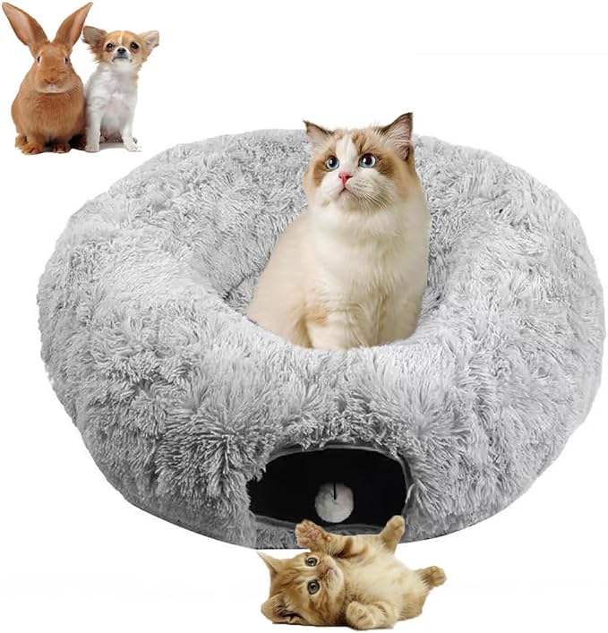 Cat Bed Tunnel Tube Toy Grey Plush | Collapsible Round Tunnels for Indoor Cats, Interactive Toys Play Tubes with Hanging Ball for Kitten, Puppy, Rabbit
