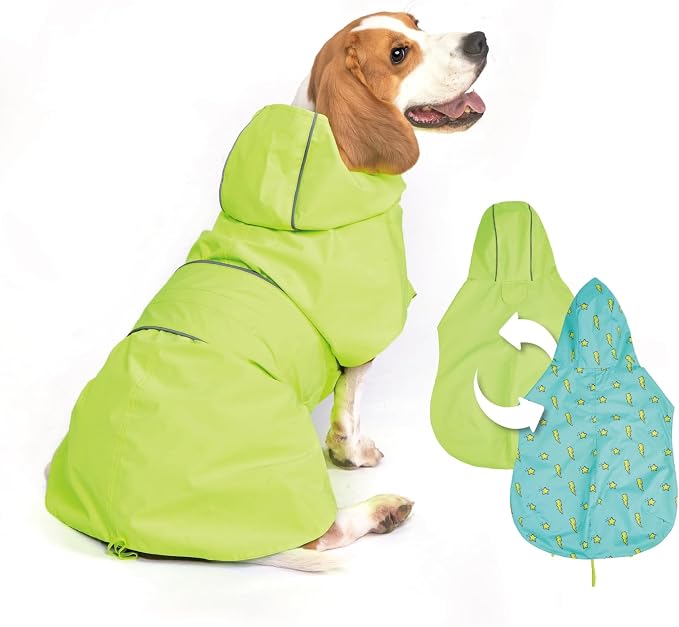 Kimee Dog Raincoat Reversible, Single Side Slicker Poncho Adjustable Waterproof Dog Rain Jacket with Leash Hole/Reflective Stripe Hooded Snowproof Windproof Clothes for Medium to 2X-Large Dogs, 2XL