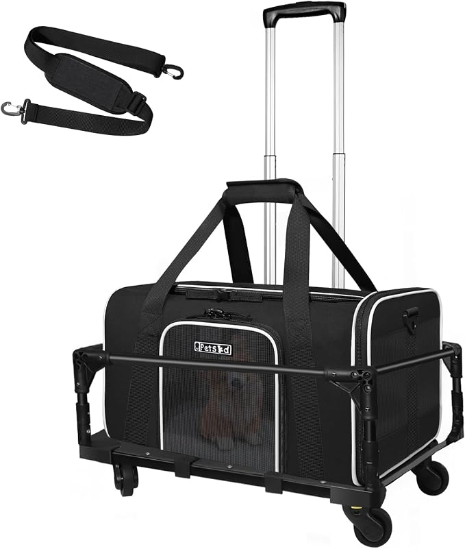 Petskd Small Pet Carrier 18"x13"x9.5" with Wheels Airline Approved, Black | for Southwest Airlines, Lockable Safety Zippers and Anti-Scratch Mesh, Pets Under 10 lbs