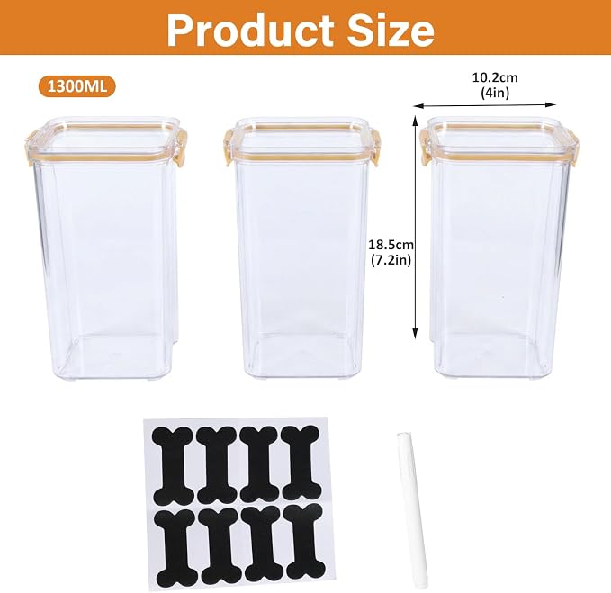 3Pack Pet Food Storage Containers, Airtight Dog Food Storage Container with Locking Clips, Dog Treat Container with a Stickers & Pen for Customizing, for Pet,Bird Seeds,Dog & Cat Treats(Golden)