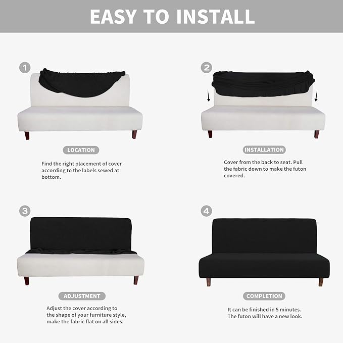 Easy-Going 100% Waterproof Futon Cover, Stretch Futon Slipcover Medium | Dual Waterproof Armless Futon Couch Cover, Leakproof Sofa Bed Furniture Protector for Kids Pets Dog Cat, Black