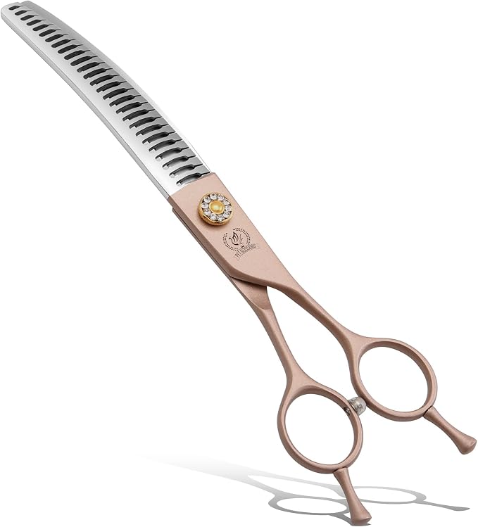 Professional Curved Chunker Dog Grooming Scissors 7.0'' Rose Gold Thinning Shears Extremely Sharp Blades 440C Stainless Steel Thinning Shears Durable Smooth Fine Cut for Dogs and Cats.
