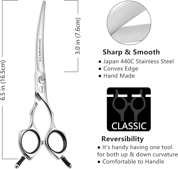 HASHIMOTO Curved Dog Grooming Scissors, 6.5 inch, Trimming Face and Paws. | Sharp, lightweight, 440C Stainless Steel, 30 Degree of Curved Blade