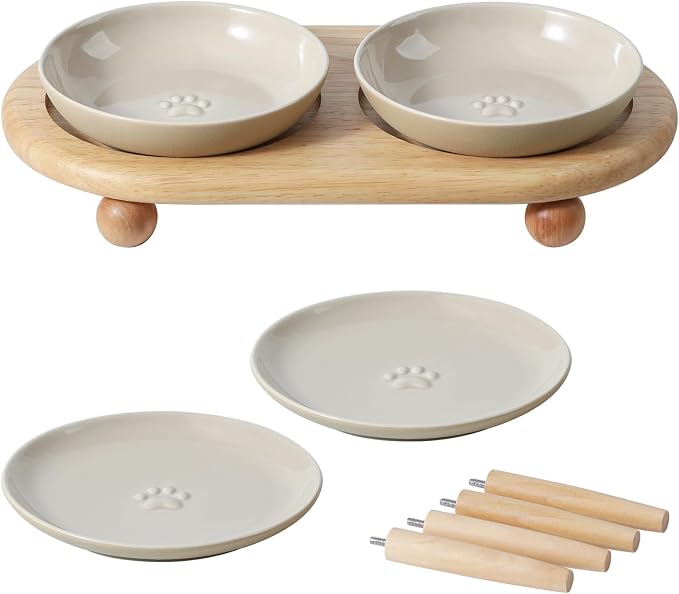 Havniva Elevated Cat Bowls, Cat Food and Water Bowl Set, Ceramic Cat Bowl | Raised Cat Food Bowls, Whisker Friendly, 5.6” Shallow Cat Dishes + 6” Wide Cat Plates, Non-Slip Wood Stand, Two Heights