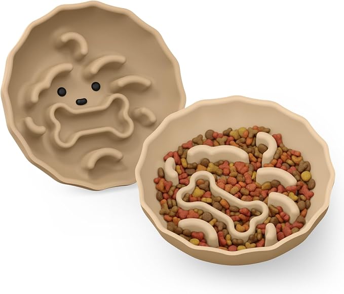 Slow Feeder Dog Bowls Made of Premium Food-Grade Silicone | Anti-Choking & Slow Eating for Improved Digestion, Non-Slip, Soft & Durable, Quiet Dog Bowl, Cute (Brown, Doggy)
