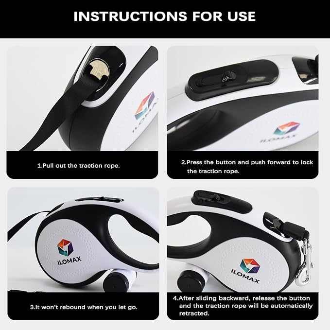 ILOMAX 360° Tangle-Free Retractable Dog Leash Built-in Waste Bag Dispenser Under Handle 2 Rolls Poop Bags Included Heavy Duty Tape Leash for Dogs up to 30kg Carry Pouch Included.16ft (White, L)