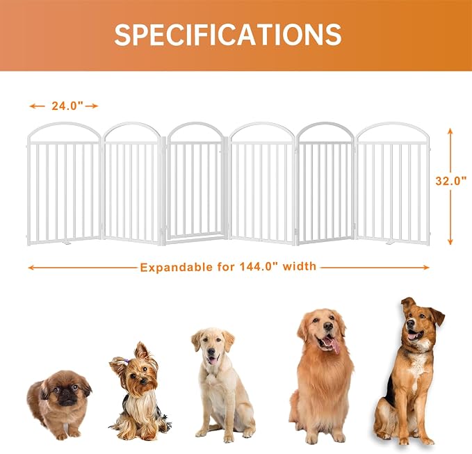 SNUOWU 6 Panels Full Matel Freestanding Dog Gates with Door, 144"Extra Wide 32"Tall Free Standing Dog Pet Gate for Indoor & Outdoor. Foldable Pet Fences for Doorways, House, Stairs, Porch, Deck, Yard