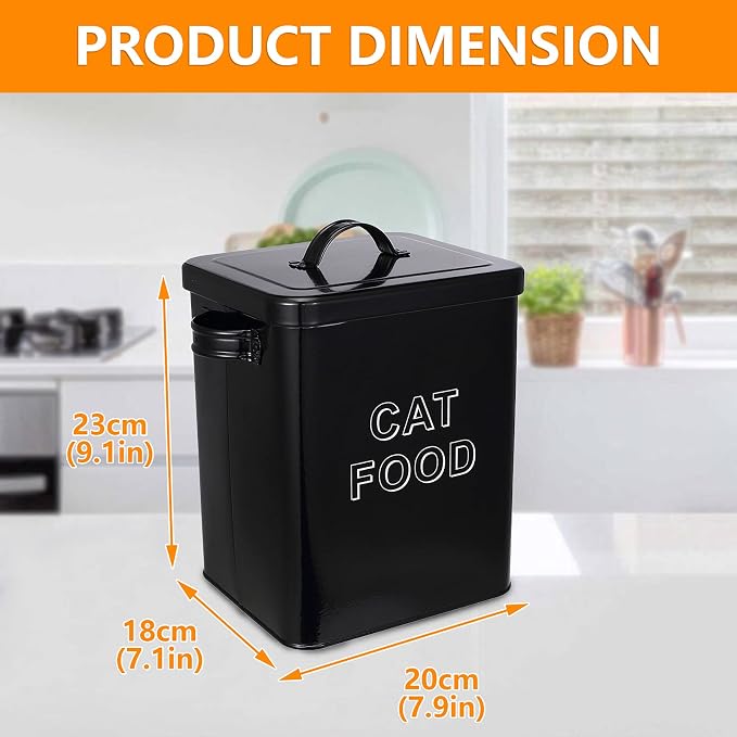 Cat Food Storage Container Farmhouse Pet Food Storage Containers with Lid and Scoop, Perfect Vintage Canister Treats Tin for Kitchen Countertop, Shelf, Great Gift for Pet Owners - Cat Food - Black