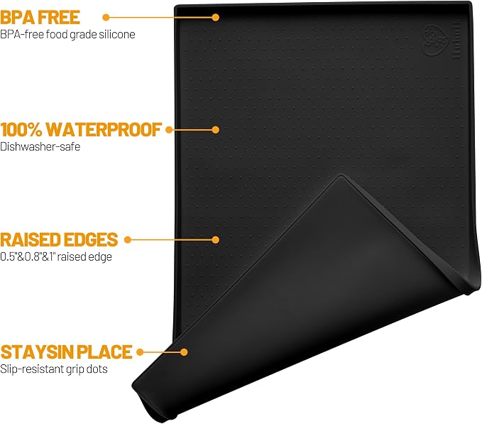 Hubulk Dog Feeding Mat,100% Waterproof Food Grade Silicone Pet Food and Water Bowl Placemat,Dishwasher, High Raised Edge to Prevent Spills,Nonslip Tray to Stop Messes on Floor（28"x18"x0.8", Black）