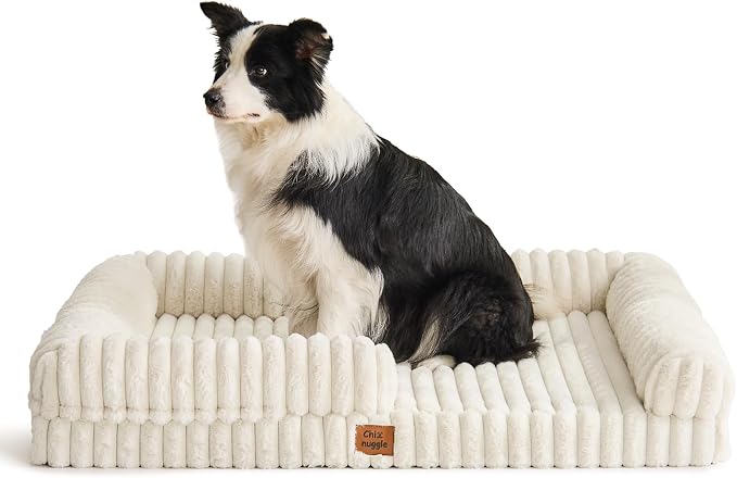 ChiXnuggle Faux Fur Orthopedic Dog Bolster Bed, Waterproof Washable Cover | rectangular dog sofa couch,egg crate foam,non-slip bottom,for extra large dogs,cream,41*30*7