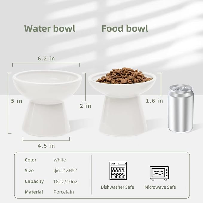 CEEFU 2-Pack Elevated Ceramic Cat Bowls Extra Wide for Food & Water | Anti Vomiting, Whisker Friendly, Shallow Food Dish and Deep Water Bowl, Lead&Cadmium-Free, Raised Height for Cats, White