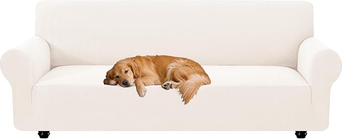 XINEAGE Stretch 4 Seater Slipcover, Non-Slip Pet Couch Cover,Beige White | Washable Furniture Protector, Elastic Bottom, Dogs & Cats Friendly, Scratch-resistant, Fast Setup, High Elasticity