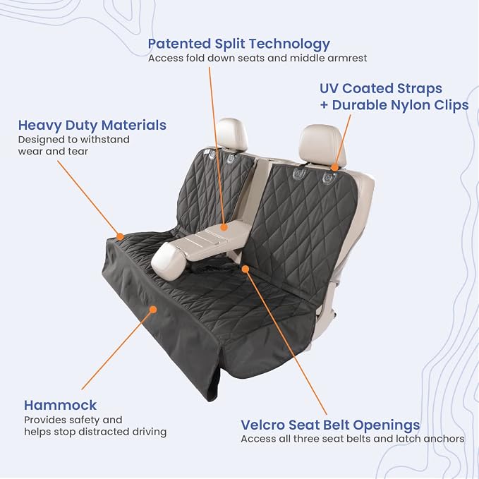 4Knines Dog Hammock – Rear Seat Cover for 60/40 Split Bench w/Armrest (Black, Regular)