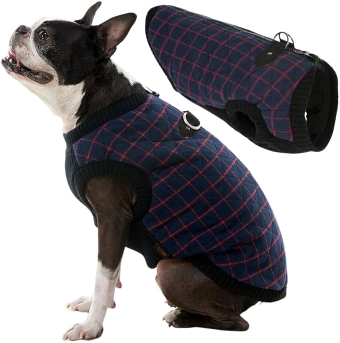 Gooby Fashion Vest Check Dog Jacket - Navy Check, X-Large - Warm Zip Up Dog Bomber Vest with Dual D Ring Leash Water Resistant for Small to Medium Dogs