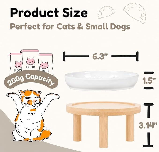 Slow Feeder Cat Bowls with Bamboo Stand, Ceramic Elevated Pet Food Plates for Cats and Small Dogs, Raised Non-Slip Feeder (White/6.3")