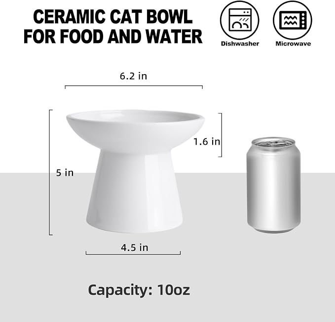 Ceramic Elevated Cat Bowls - 6.2 Inch Extra Wide Raised Cat Food and Water Bowl Set for Indoor Cats, Whisker-Friendly Ceramic Cat Dish for Elder Big Cats & Small Dogs,White,1 Pack