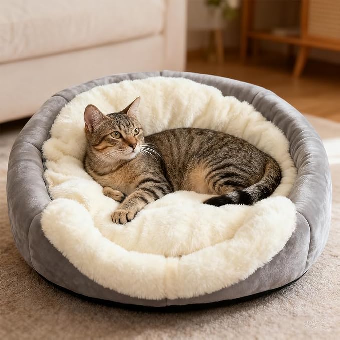Cat Beds for Indoor Cats-Rabbit-Shaped Cat Cave Bed with Hanging Toy,Grey L | Super Soft Calming cat Tent house for Kitten&Puppy,Warm Plush&Machine Washable&Removable Cushioned Pad,Cute cat Hideaway