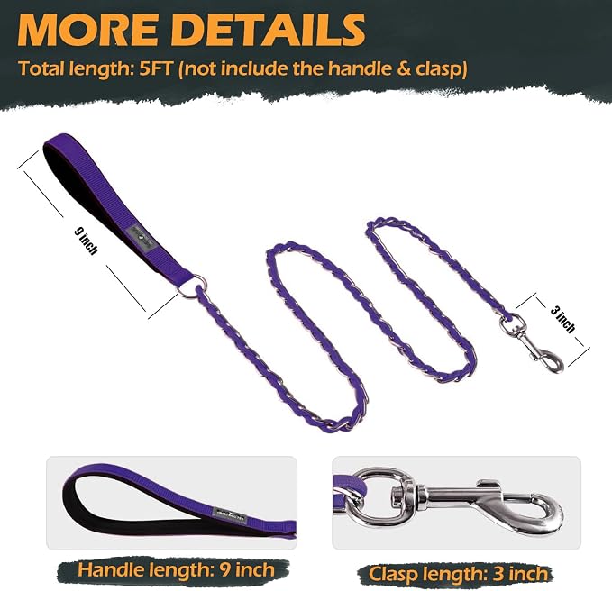 S-ETOVUS-Chain Dog Leash, Bite-Proof Metal Leash, with Padded Handle | Three Sizes 7.25FT/5.2FT/4FT, Woven From Nylon Rope And Chain, Durable And Bite-Resistant, Comfortable With Padded Handles.